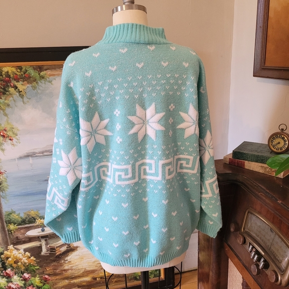 Mint shimmer vintage novelty sweater snowflakes Large - Picture 7 of 8